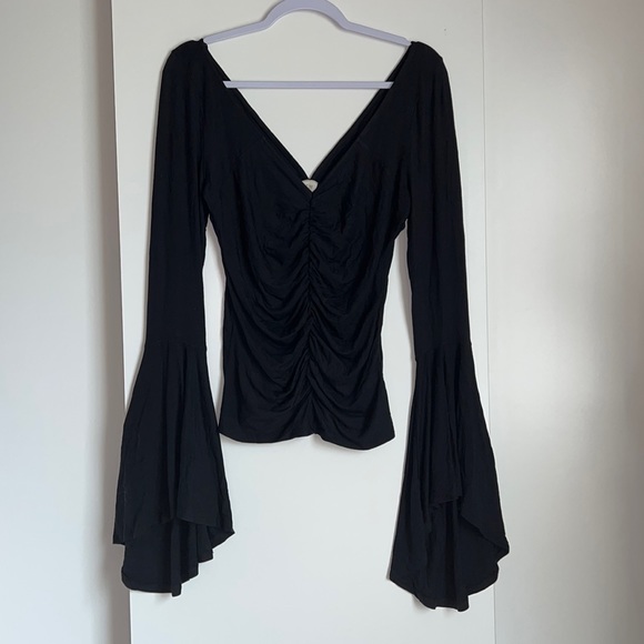 FREE PEOPLE black V-neck gathered front long bell sleeve top shirt - Picture 6 of 12
